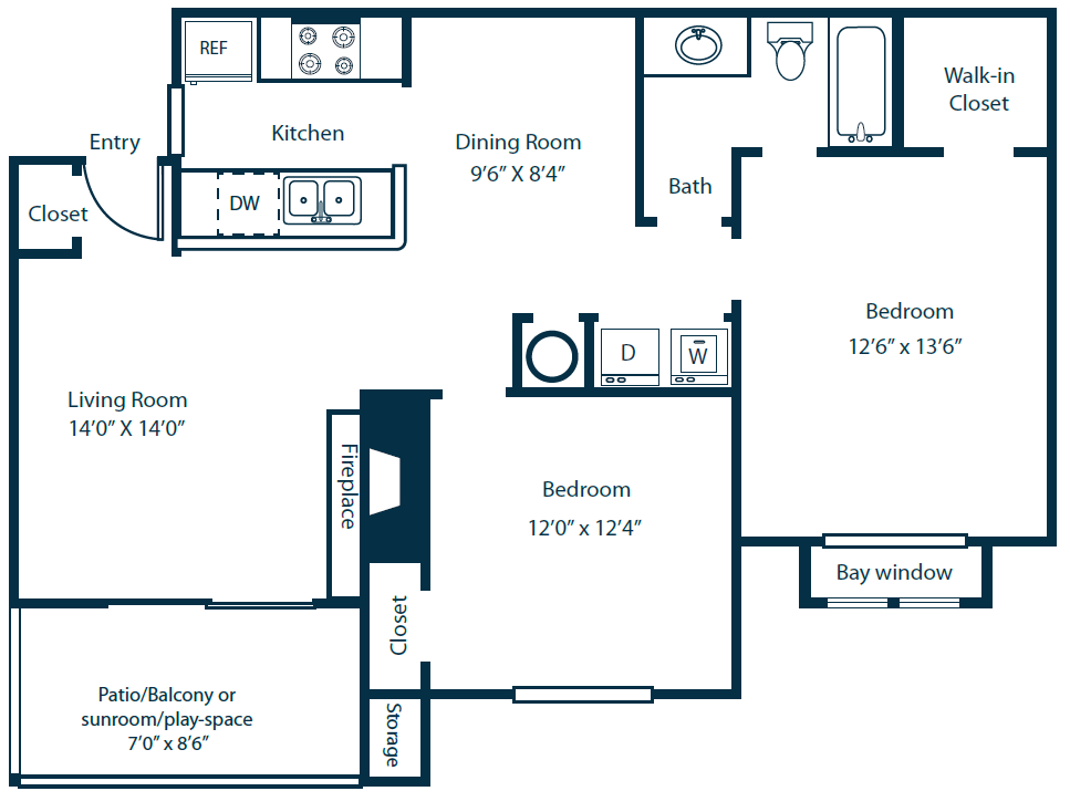 Floor plan for 2 beds, 1 bath, 960 sqft